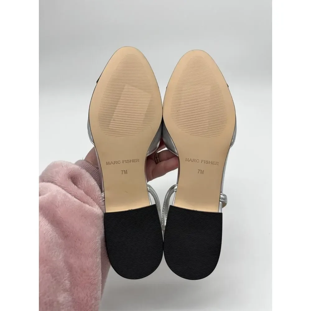 Marc Fisher Dela Slingback Flats Cap Toe Metallic Silver Black - Size 7M